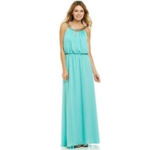 Vince Camuto sz 6 teal maxi dress w/ gold neckline